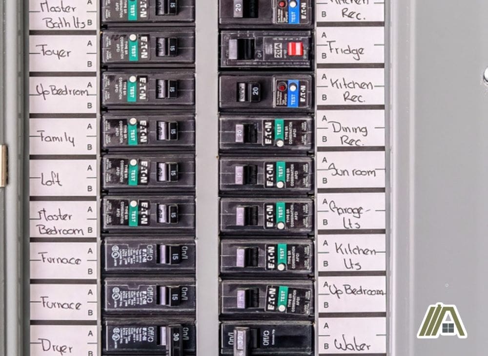 Circuit breaker with labels, electrical box, electrical panel