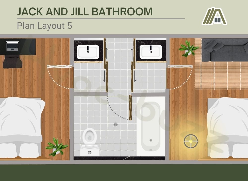 Jack and jill bathroom with own compartmentalized basin for each room before the entrance to shared toilet with bathtub