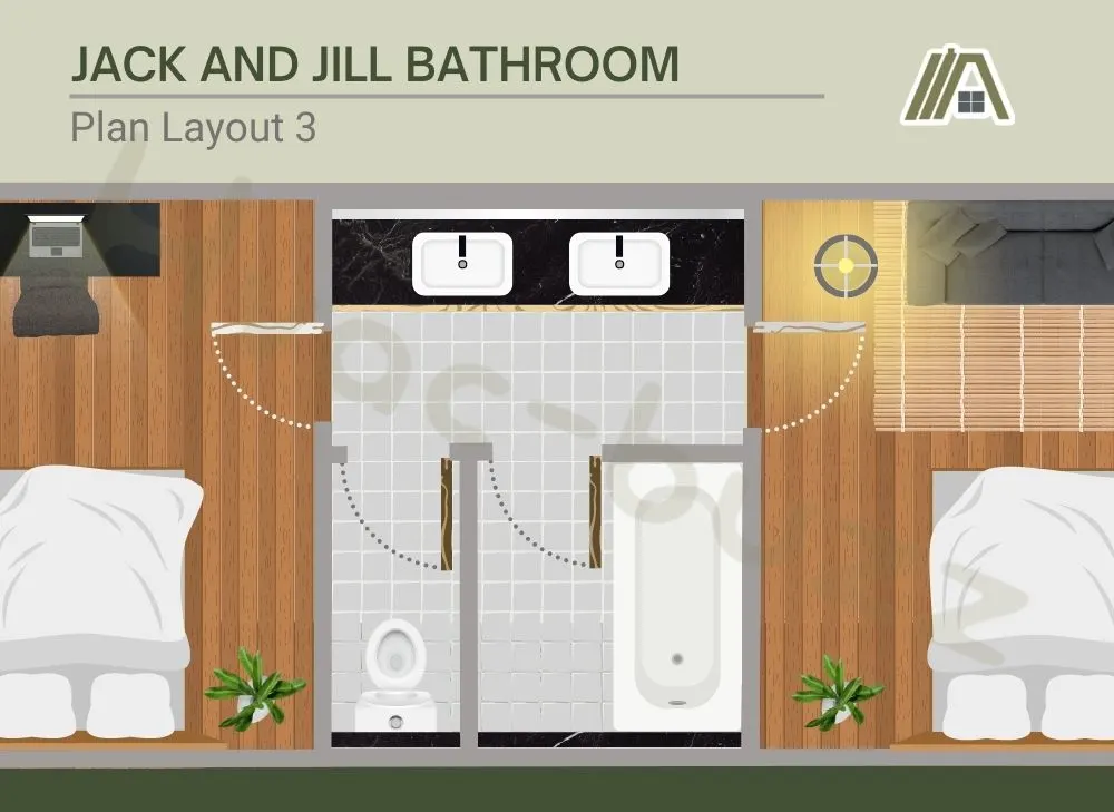 Jack and jill bathroom with two basins separated from toilet room and shower room
