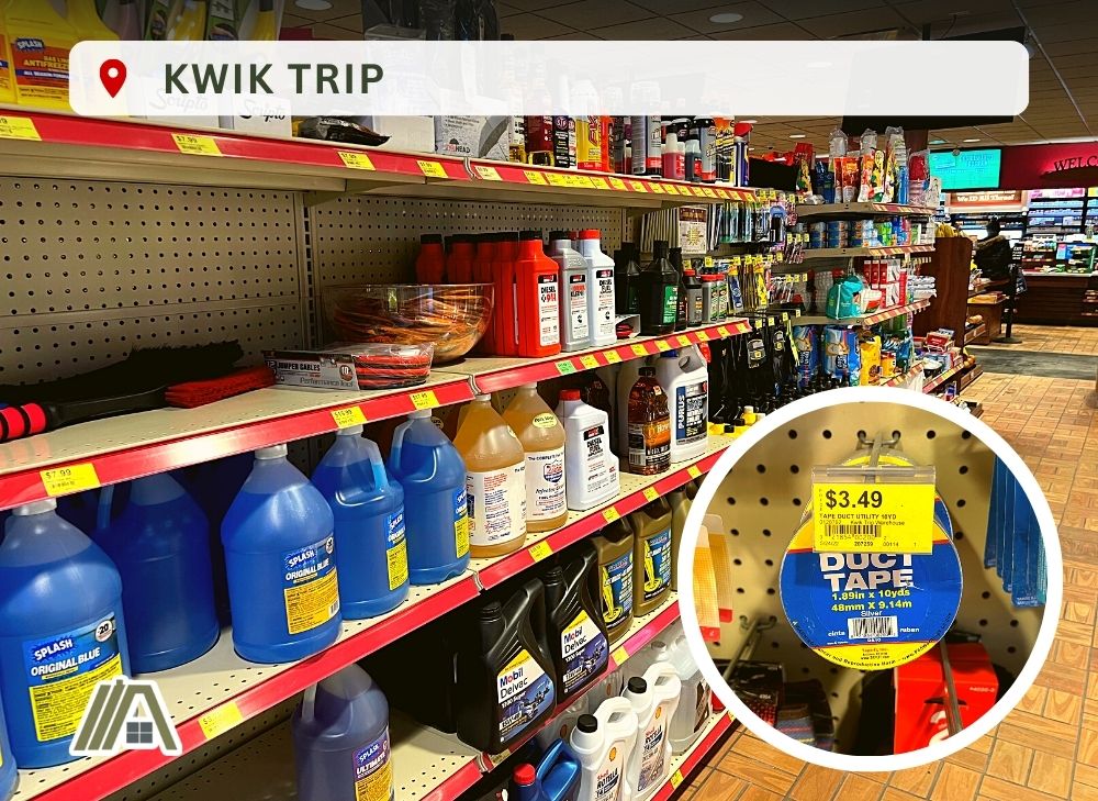 Kwik Trip gas station automotive supplies aisle, duct tape price united states