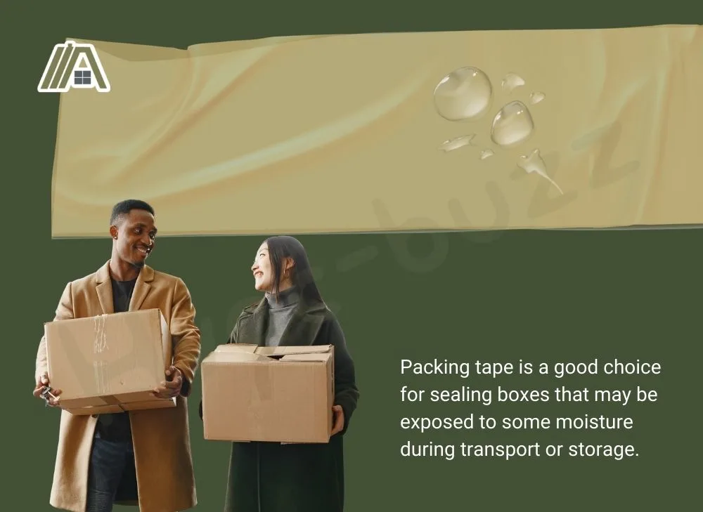 Man and woman carrying boxes, packing tape with water and moist
