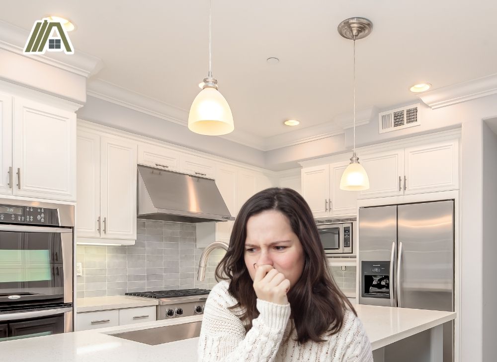 Woman covering her nose inside the white modern kitchen
