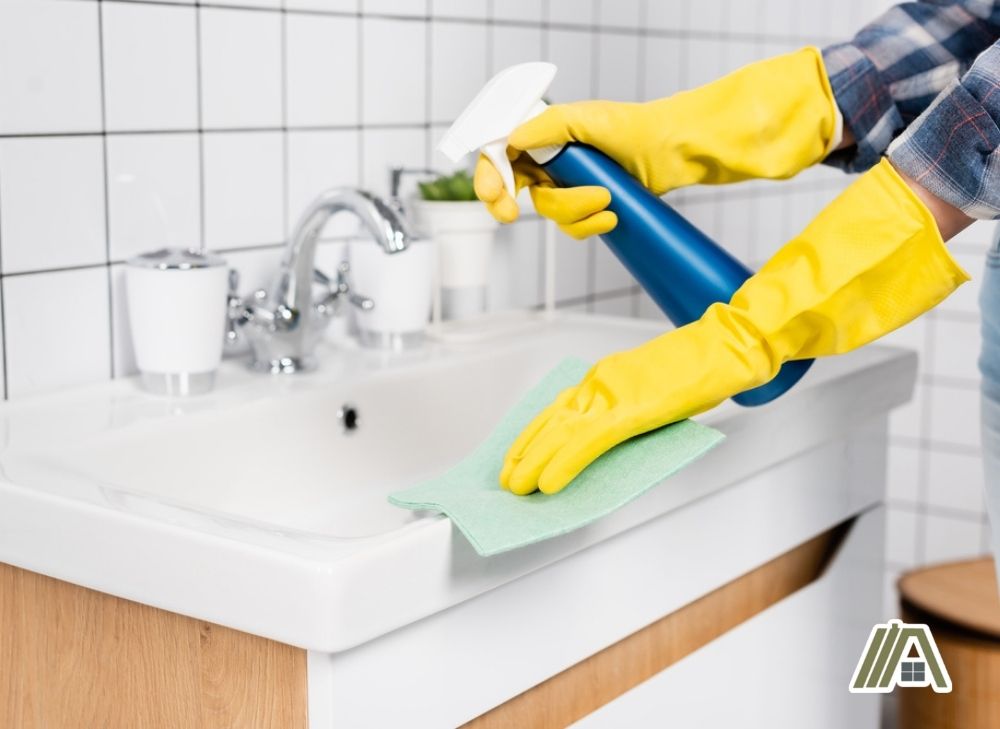 Woman wearing gloves, spraying disinfectant on the faucet and wiping the wash basin