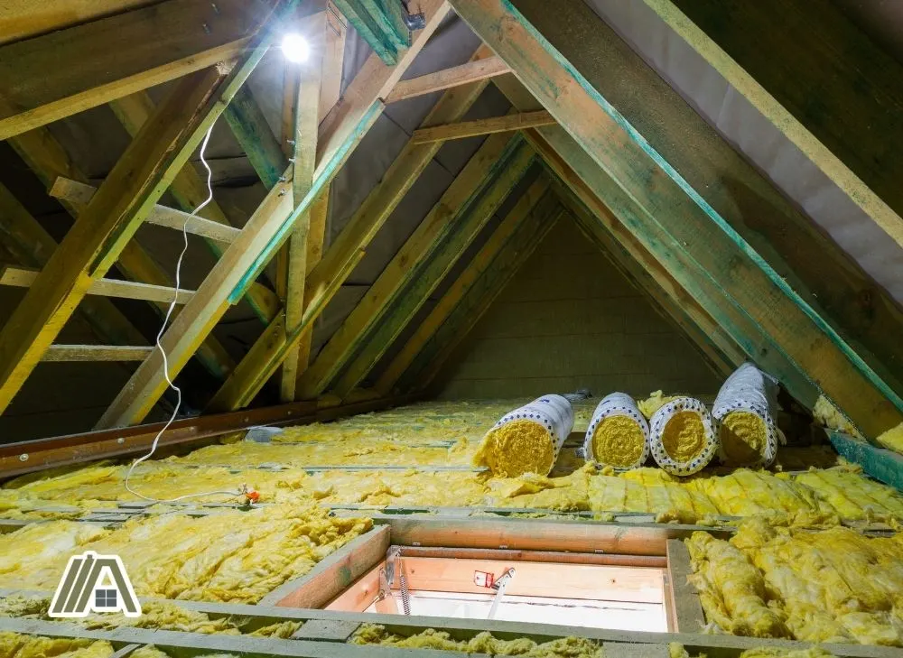 Wooden empty attic with fiberglass insulation