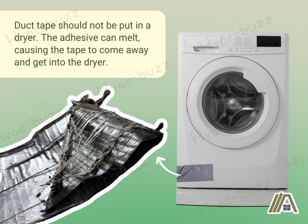 Duct tape should not be put in a dryer because the adhesive could melt
