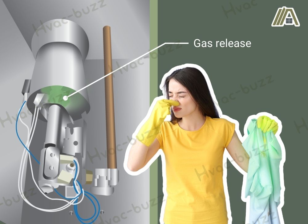 Gas release of a burner assembly, woman pinching her nose because of the smelly clothes caused by the excessive gas release