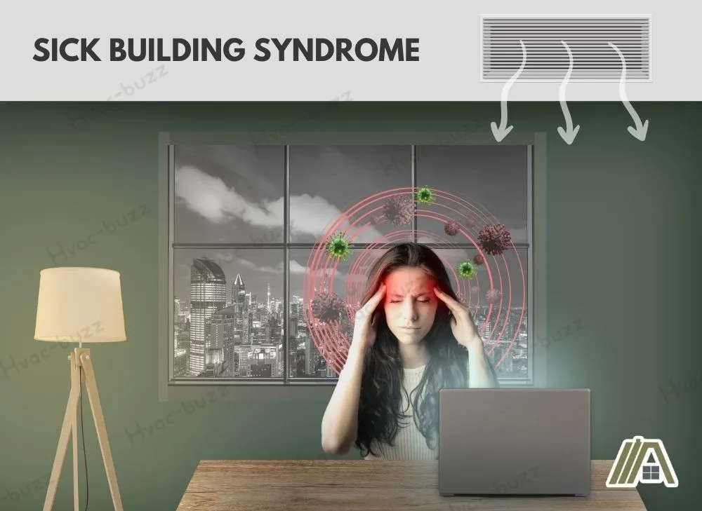 Sick building syndrome, girl experiencing headache inside the house due to airborne microbes