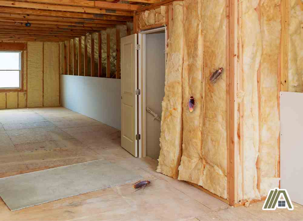 Bare walls with insulation and cockroaches on the floor and wall.jpg