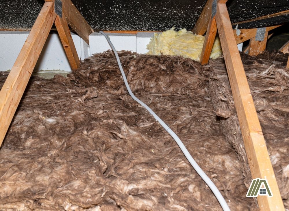 Dirty mineral wool insulation in the attic