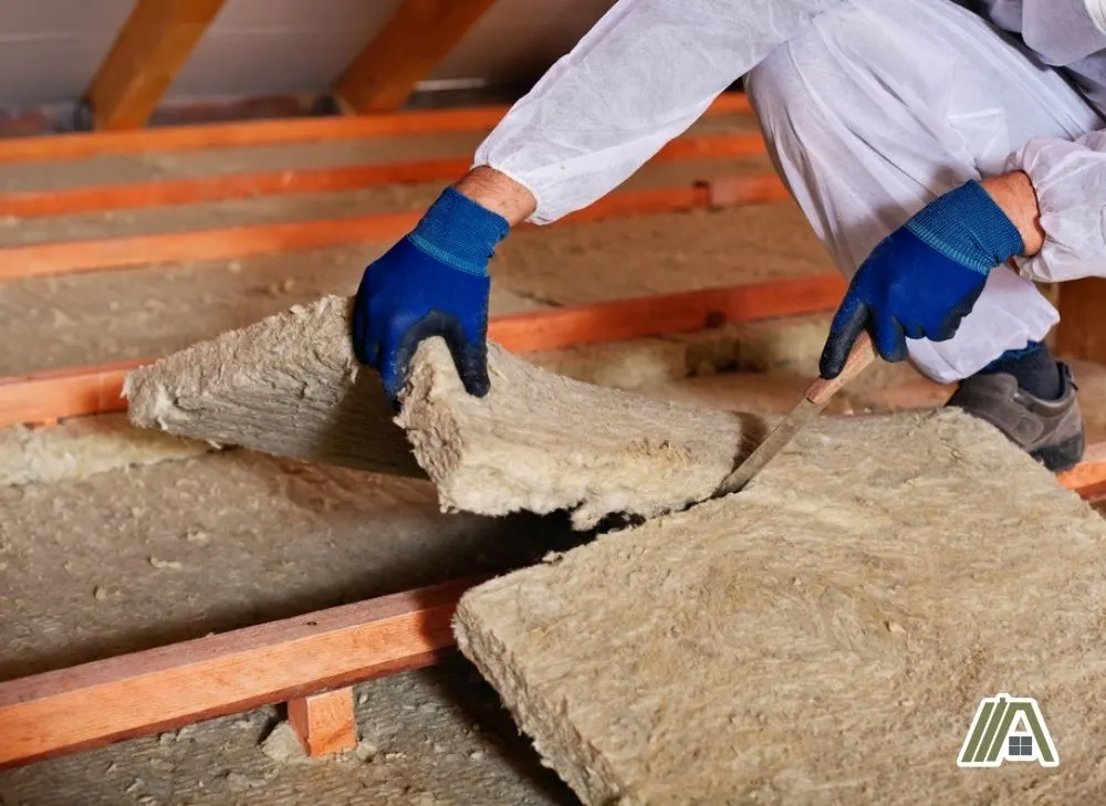 Man-cutting-and-installing-mineral-wool-insulation-in-the-attic