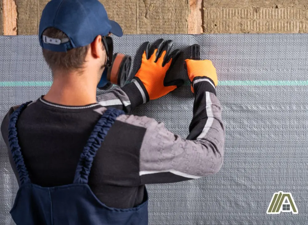 Man installing vapor barrier plastic on the wall using a stapler while wearing gloves and respirator.jpg