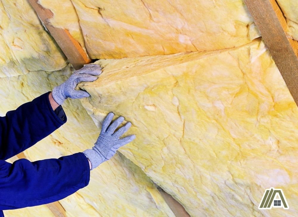 Man wearing gloves installing mineral wool in the roof