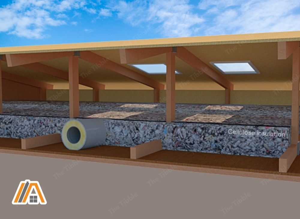 Attic with ducts covered under cellulose insulation and an attic with two windows