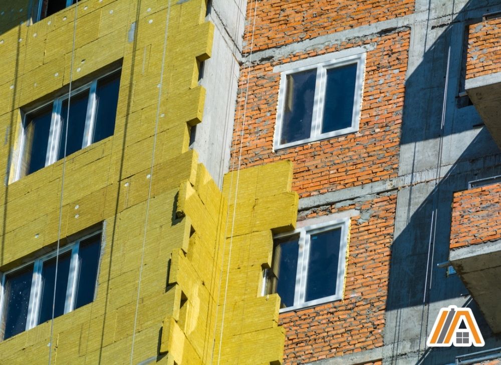 Fiberglass insulation batt installed on the exterior of a building made of concrete and bricks.jpg