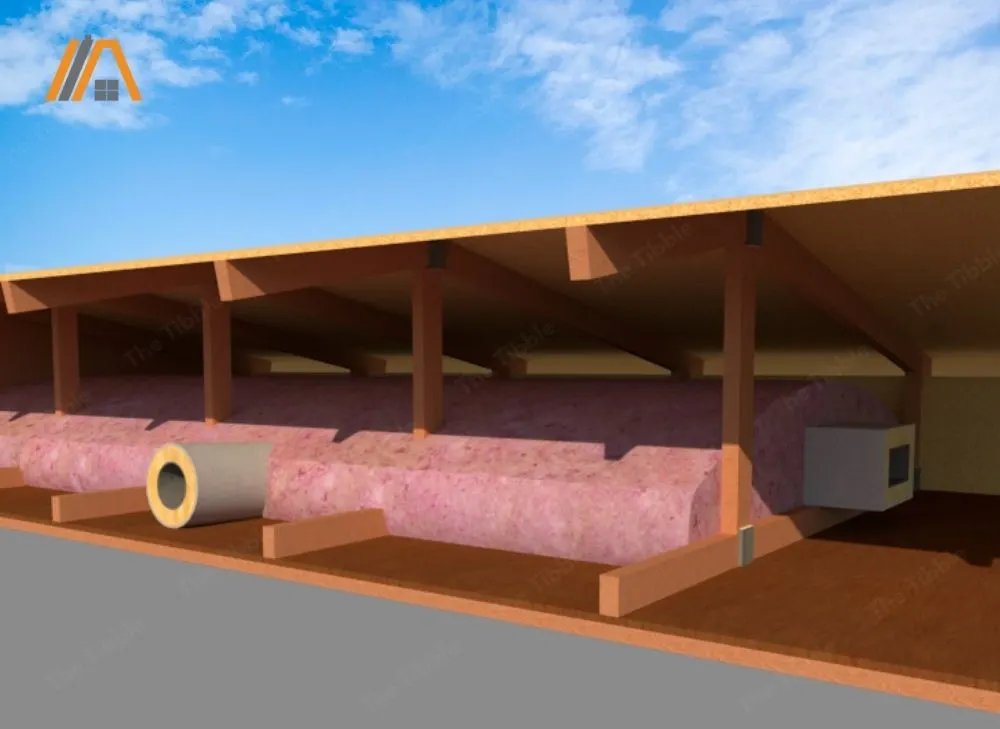 HVAC Ductwork in the attic wrapped in insulation while buried and insulation illustration