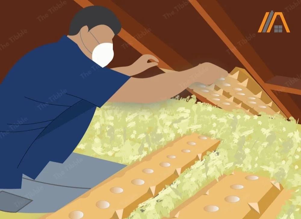 Man wearing a mask installing baffles to the attic with blown in fiberglass insulation illustration