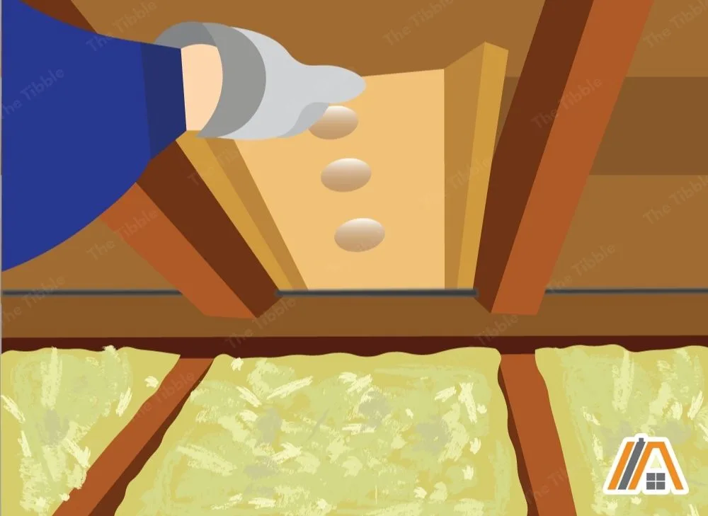 Man's hand installing baffle in the attic with insulation illustration