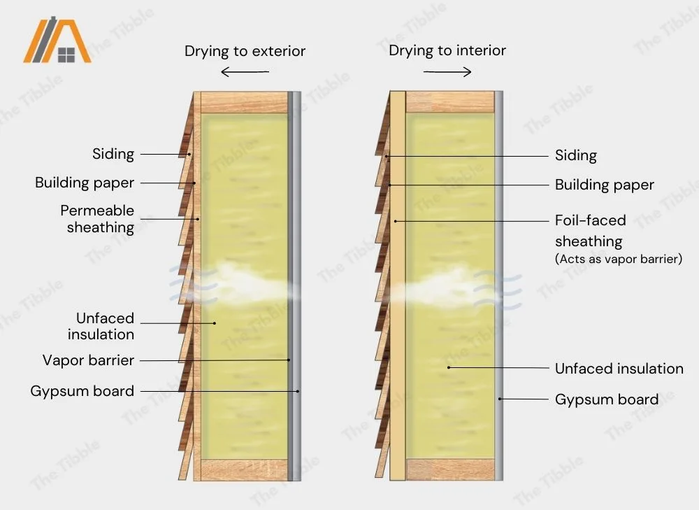 Wall components with vapor barrier facing outside for drying to interior and facing inside for drying to interior illustration, exterior