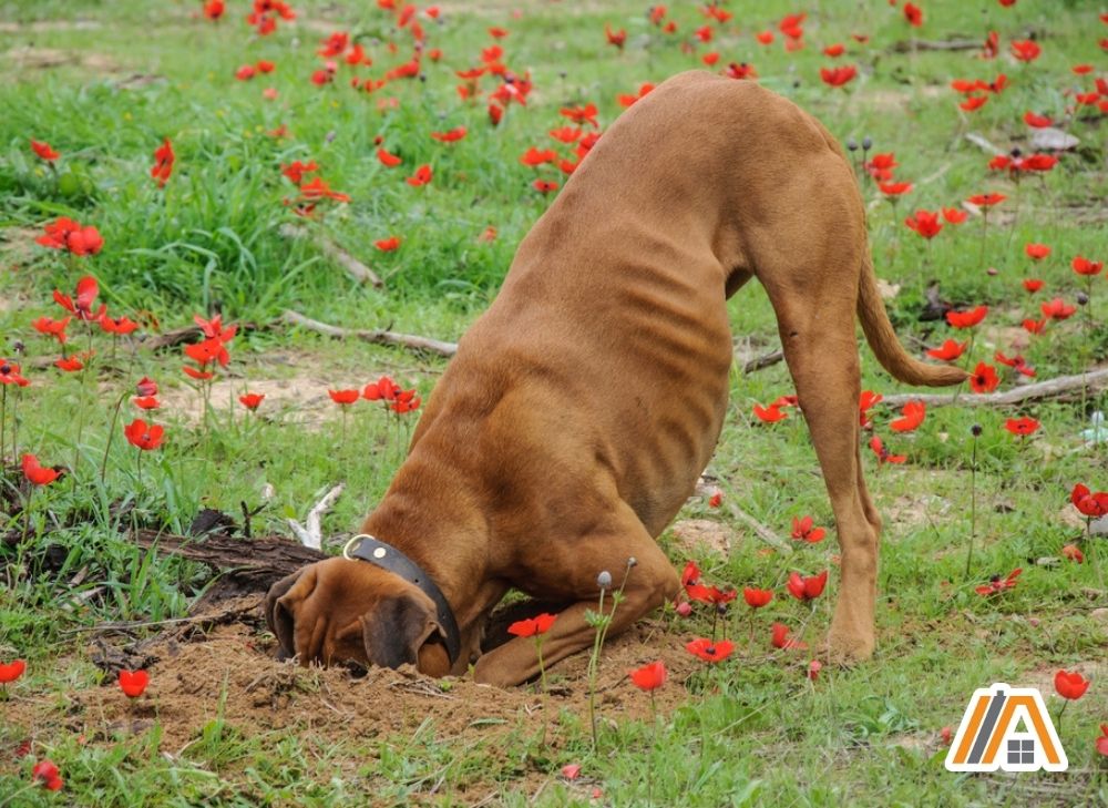A brown dog digging up a backyard filled with red flowers