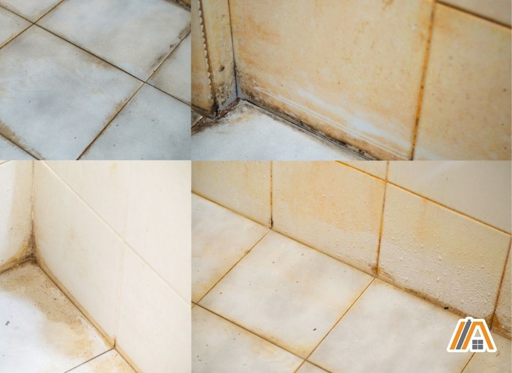 Dirty bathroom with yellow, black and brown stains on walls and floor
