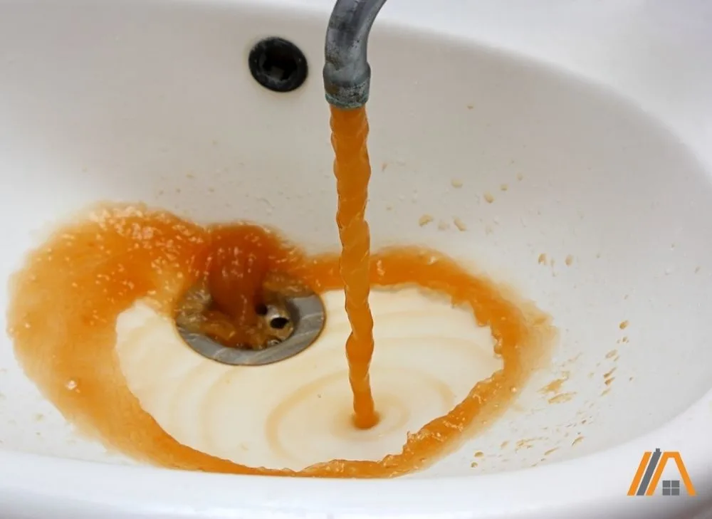 Faucet with dirty orange and brown running water
