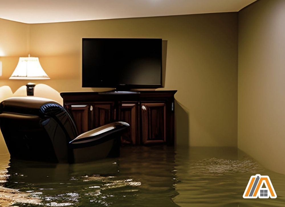 Flooded living room basement  with television and sofa