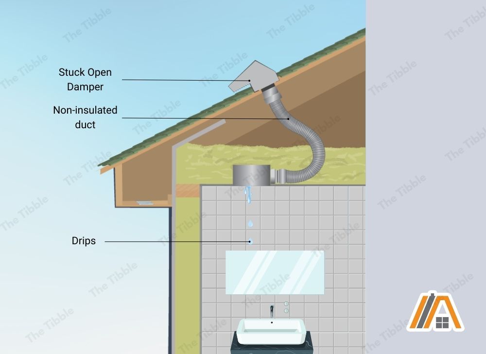 Leaking bathroom fan connected to a non-insulated duct, vent and a damper illustration