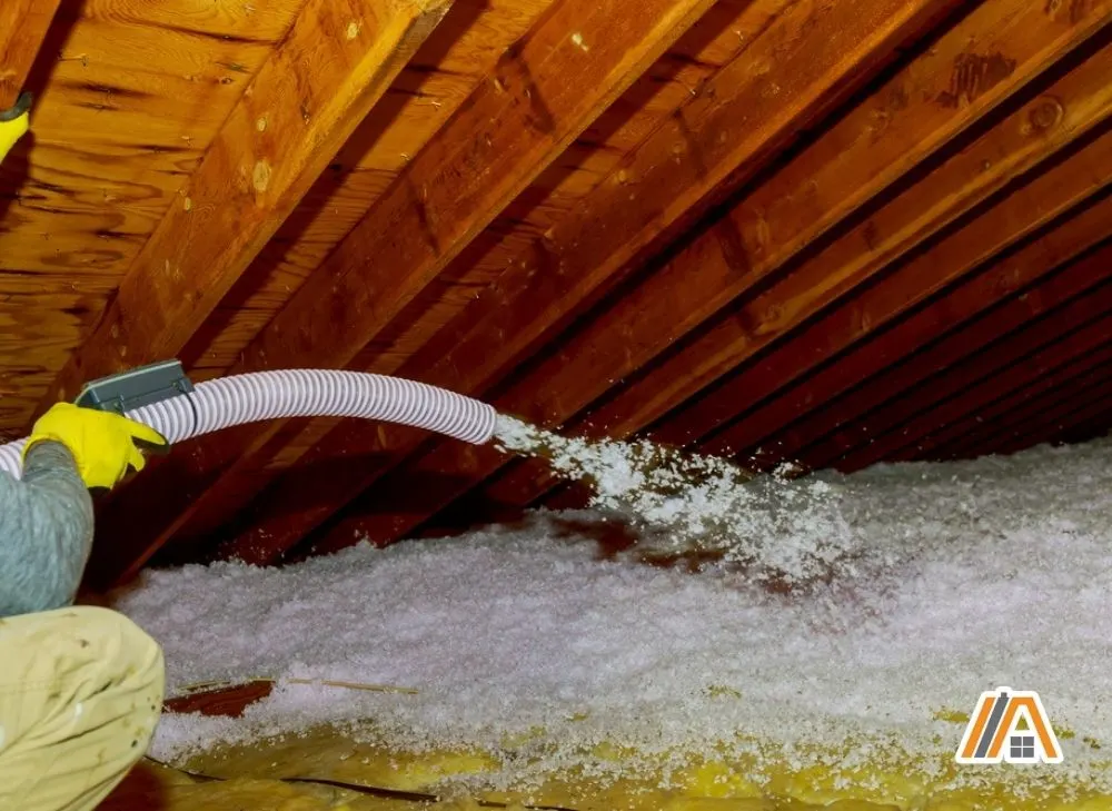 Man holding a hose blowing in fiberglass insulation inside the attic