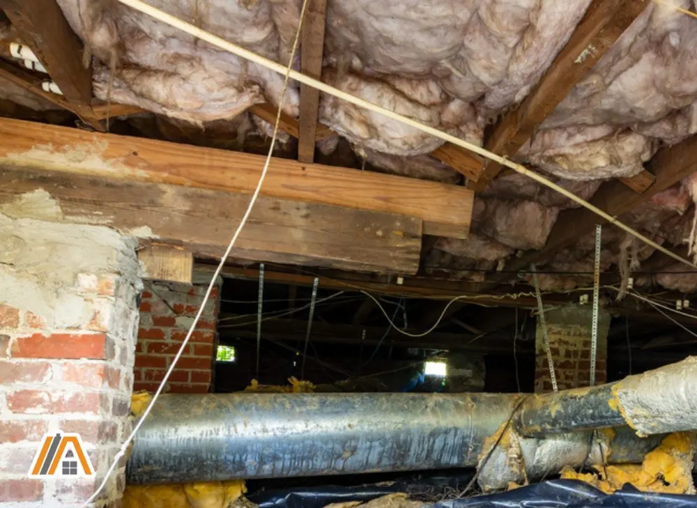 Old and dirty insulation installed in a worn out crawl space