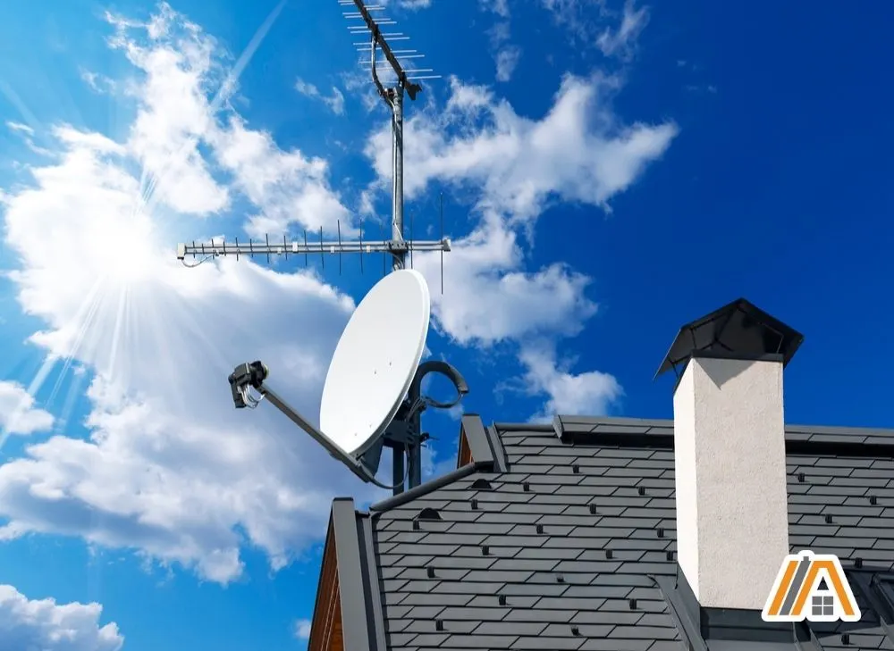 Satellite dish and antenna on top of the roof of a house with a vent