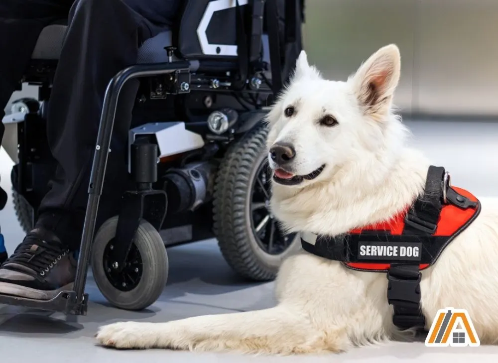 Service dog sitting next to a disabled person on a wheelchair