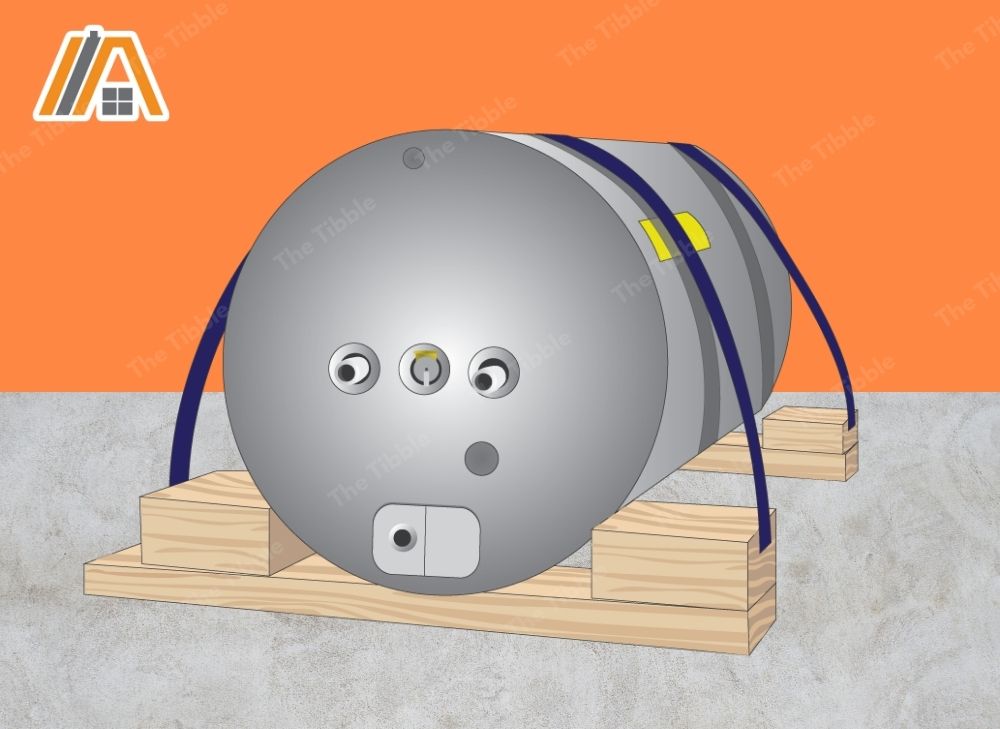 Water heater tank on top of wood planks with straps on for transportation purposes illustration
