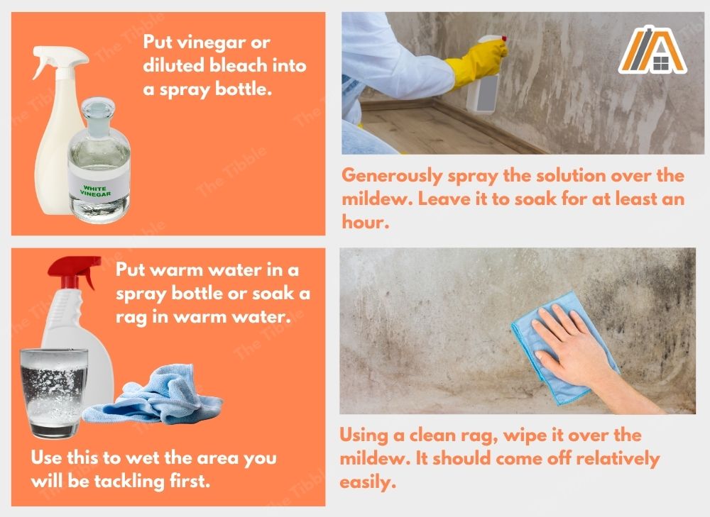 Ways to clean a mildew by using a vinegar, diluted bleach and warm water