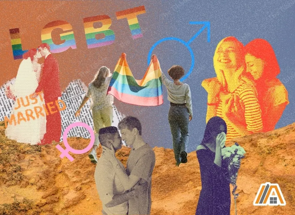 sexual orientation, gender identity and marital status collage art, LGBT, married couple and widowed woman