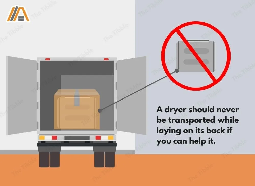 A dryer should never be transported while laying on its back if you can help it, dryer in a box inside a delivery service truck