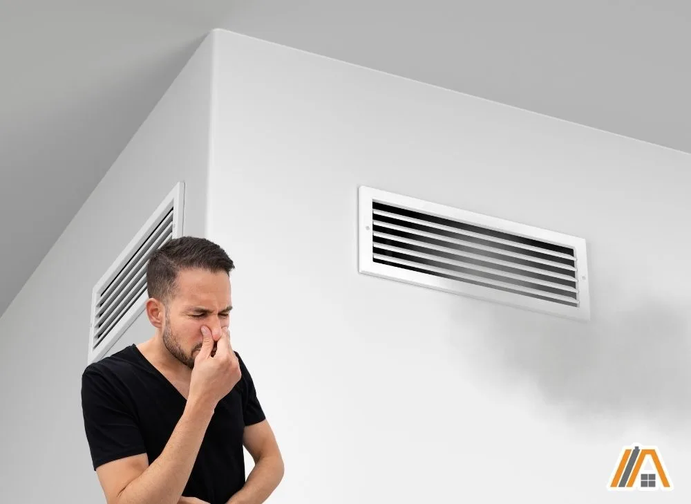 Man pinching his nose because of the smoke coming out from the vent