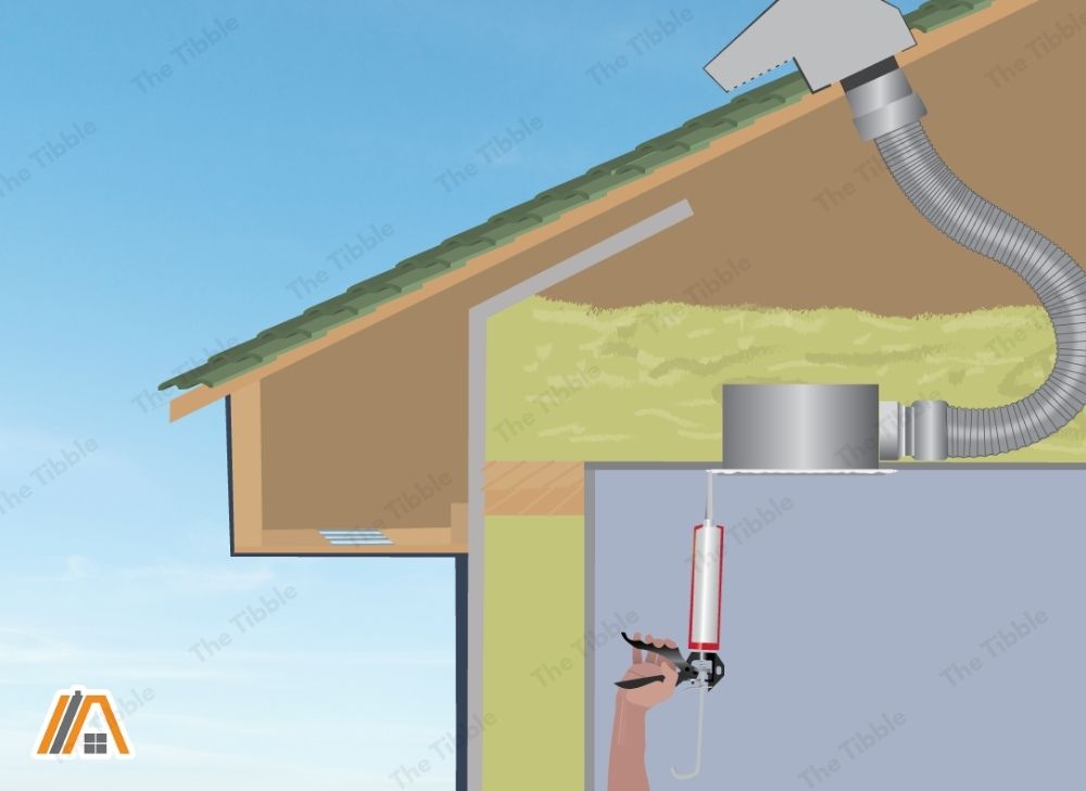 Man's hand sealing or caulking the sides of a bathroom fan connected to a duct and vent illustration