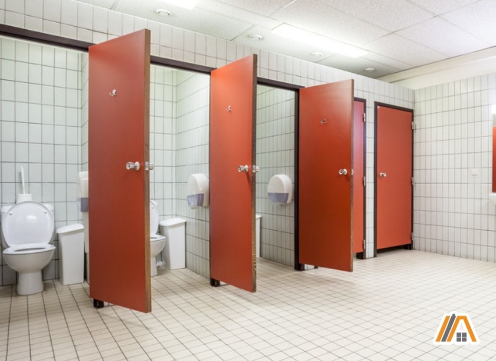 Toilet cubicle, public restroom with red doors and white tiles