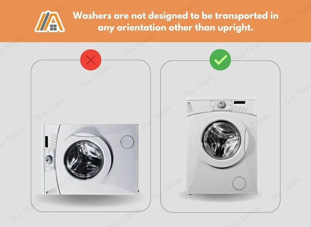 Washers are not designed to be transported in any orientation other than upright., washer on its side and a washer in an upright position