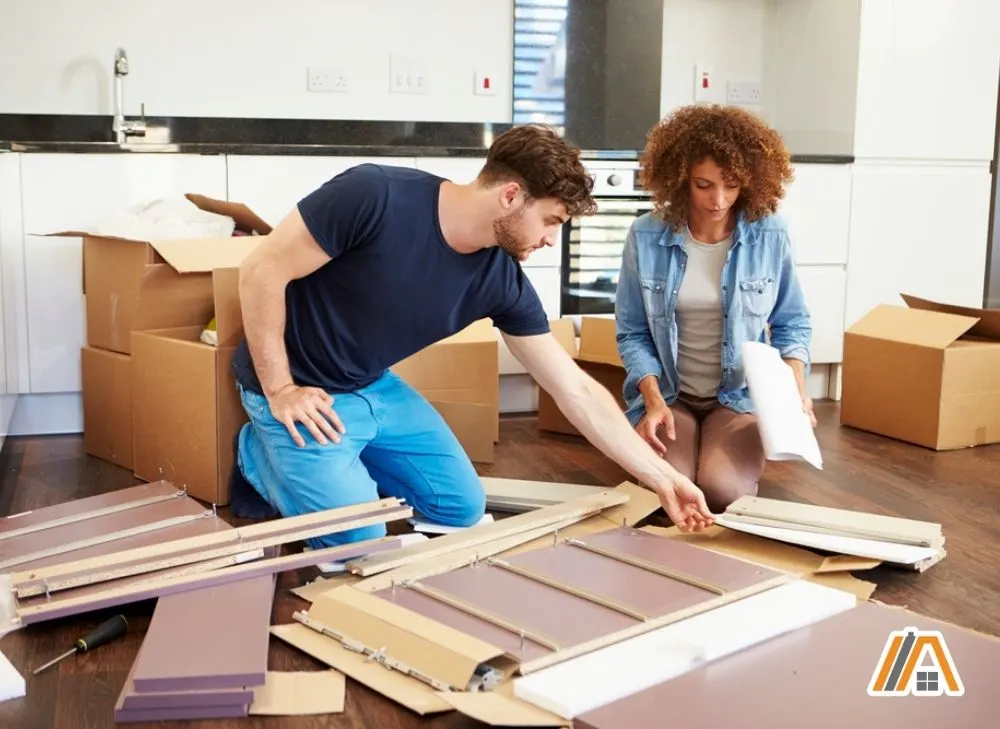 Couple assembling furniture together in the kitchen with a lot of open boxes