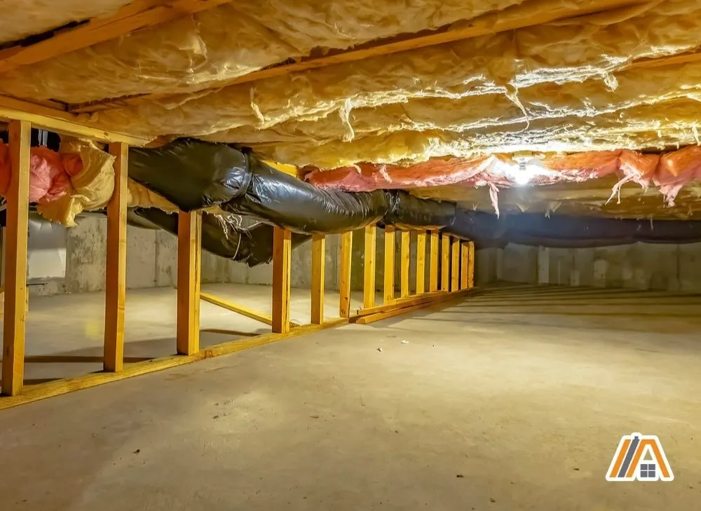Crawl space with exposed insulation and an insulated pipe.jpg