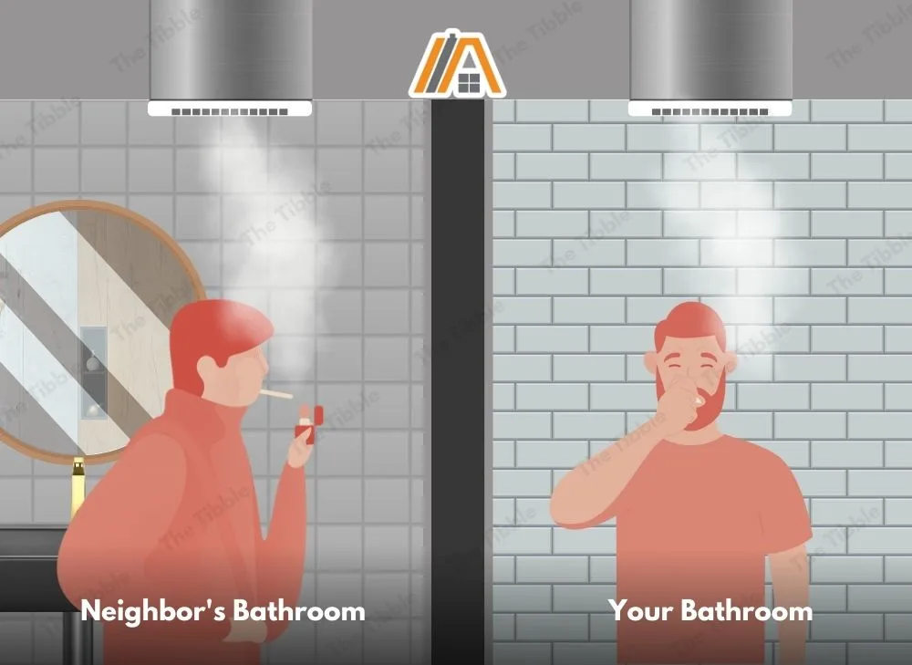 Illustration of a man smoking in his bathroom and a man on the next unit covering his nose because of the smoke illustration