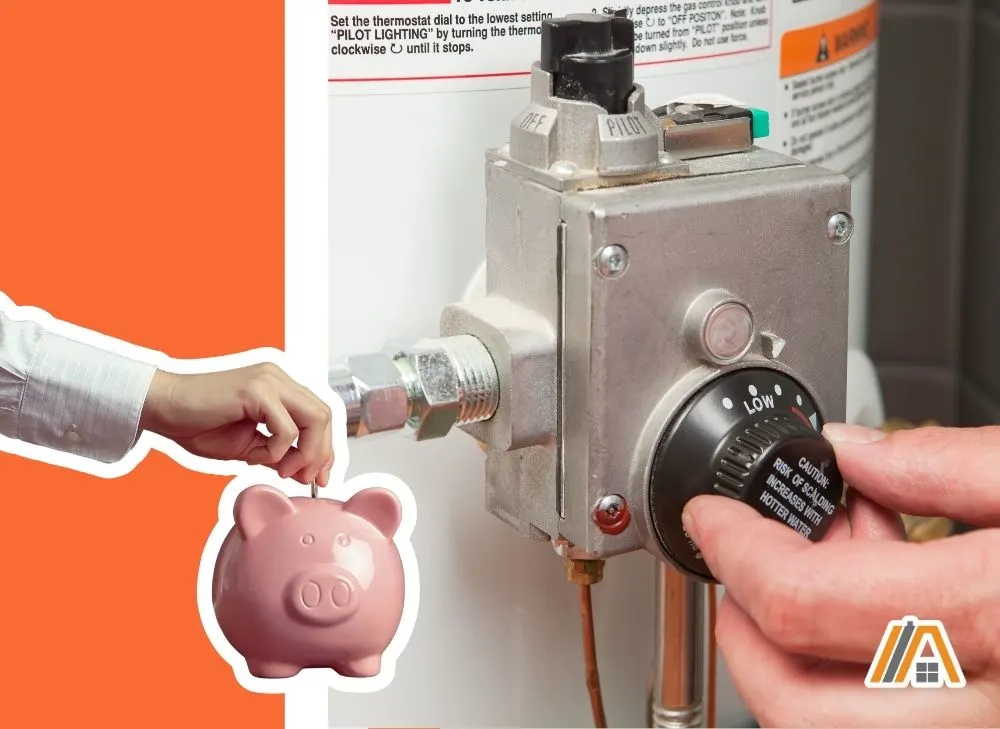 Man lowering the temperature of a water heater and a man saving money in his pink piggy bank