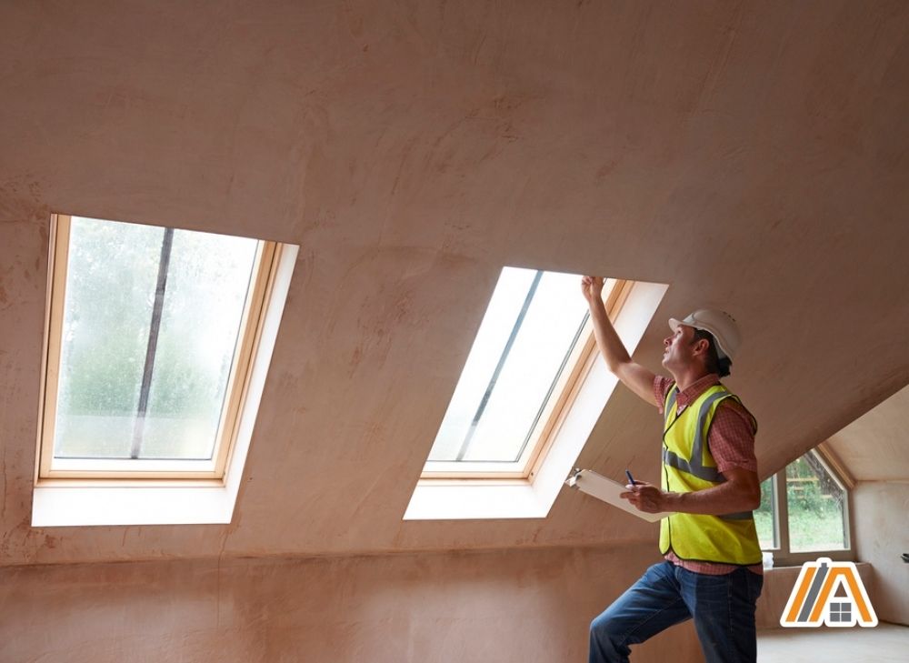 Man wearing a safety hat inspecting a newly constructed house with two skylights