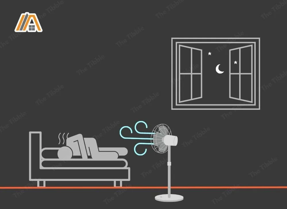 Person sleeping at night feeling discomfort while the fan is pointing at him illustration