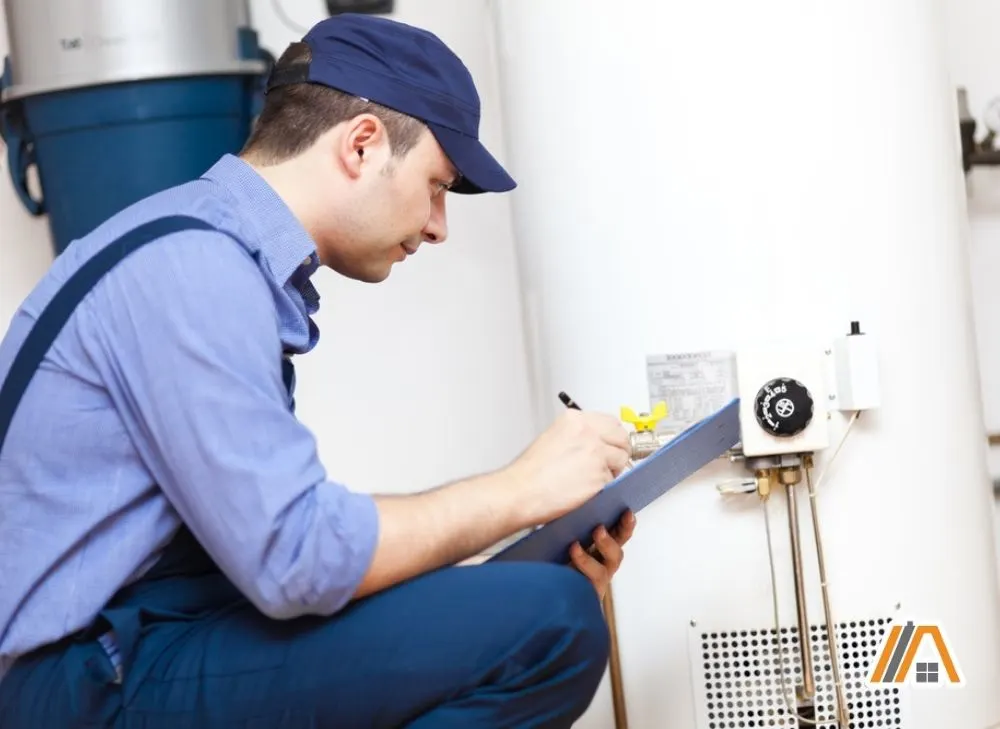Technician-inspecting-the-water-heater