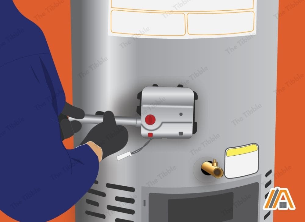 Technician unscrewing the thermostat valve on the water heater, illustration