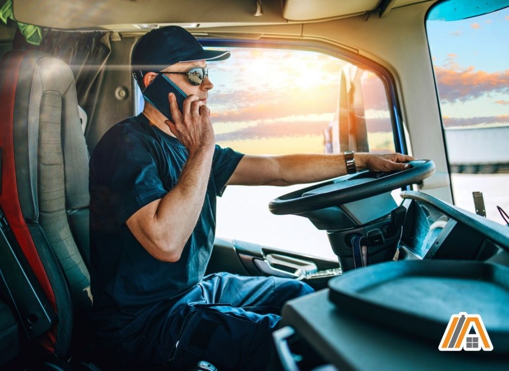 Trucker talking on phone inside a truck