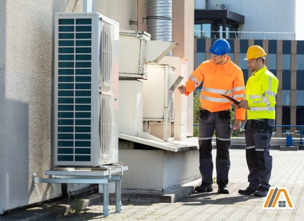 Two technicians checking an air conditioning unit outside a building