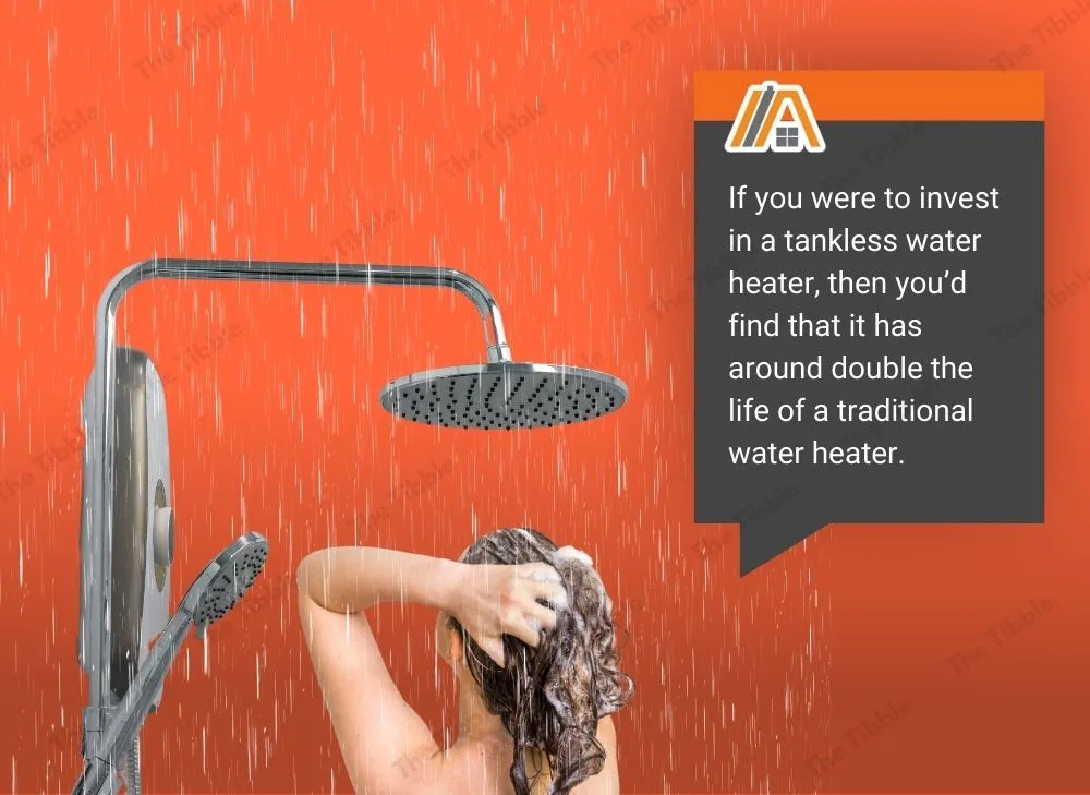 Woman taking a shower with a tankless water heater, infographics about life of a tankless water heater.jpg